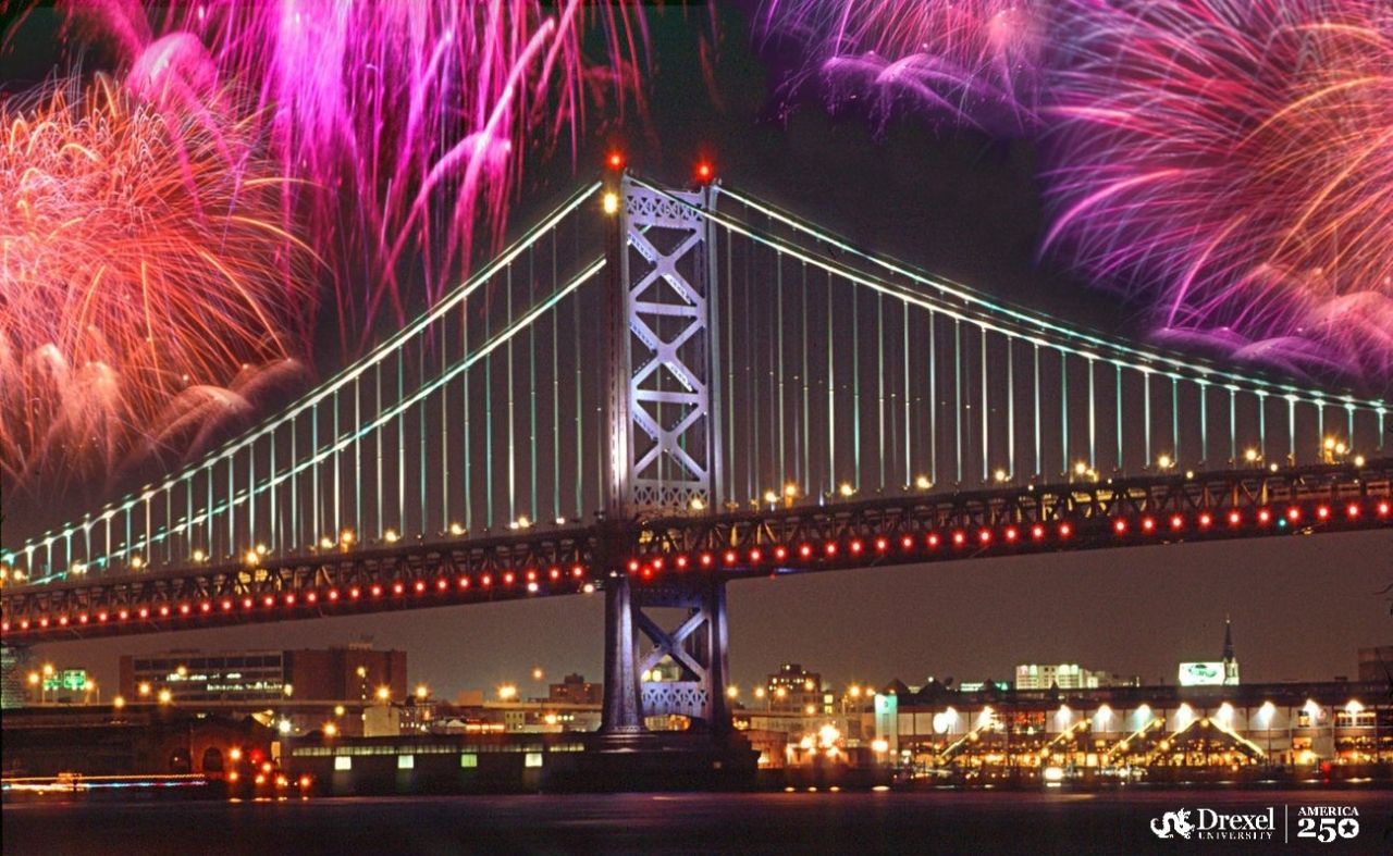 fireworks over bridge
