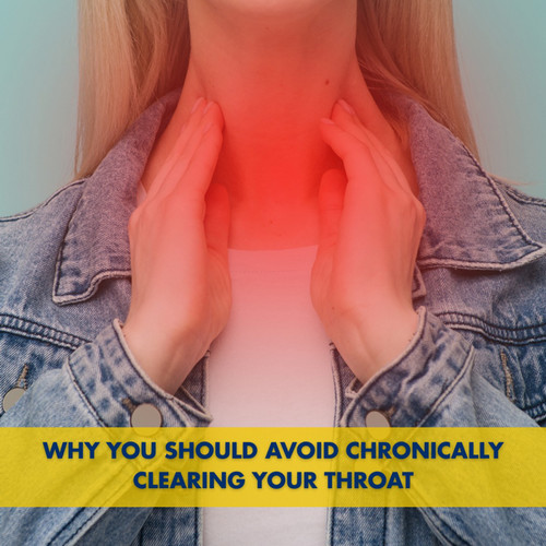 woman holding her hands to her throat