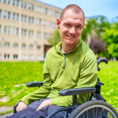 man with cerebral palsy sitting in wheelchair