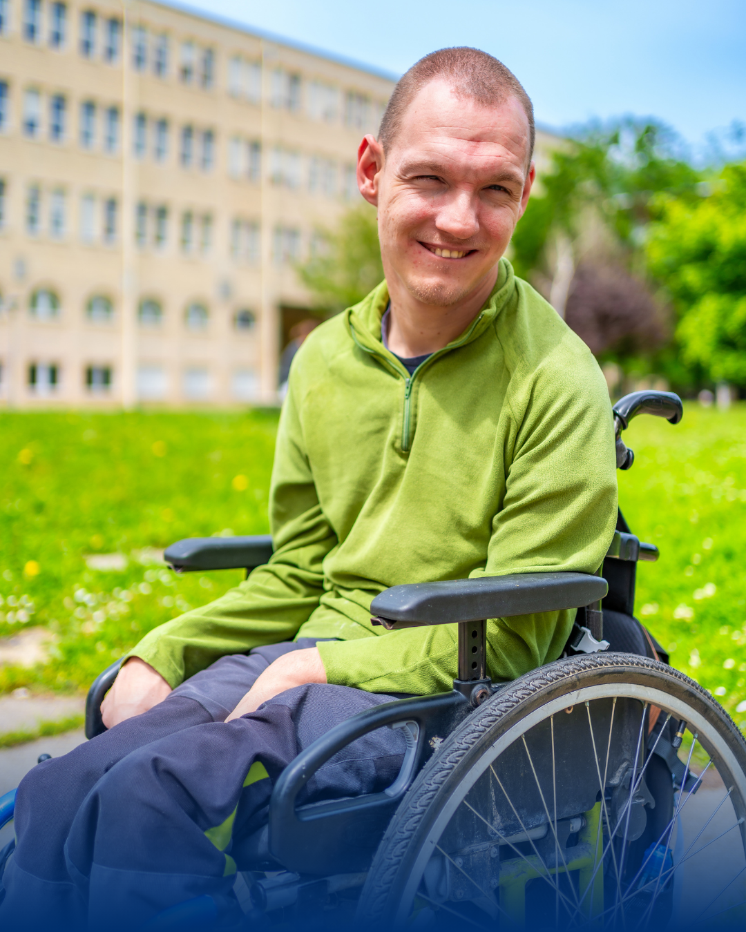 man with cerebral palsy sitting in wheelchair